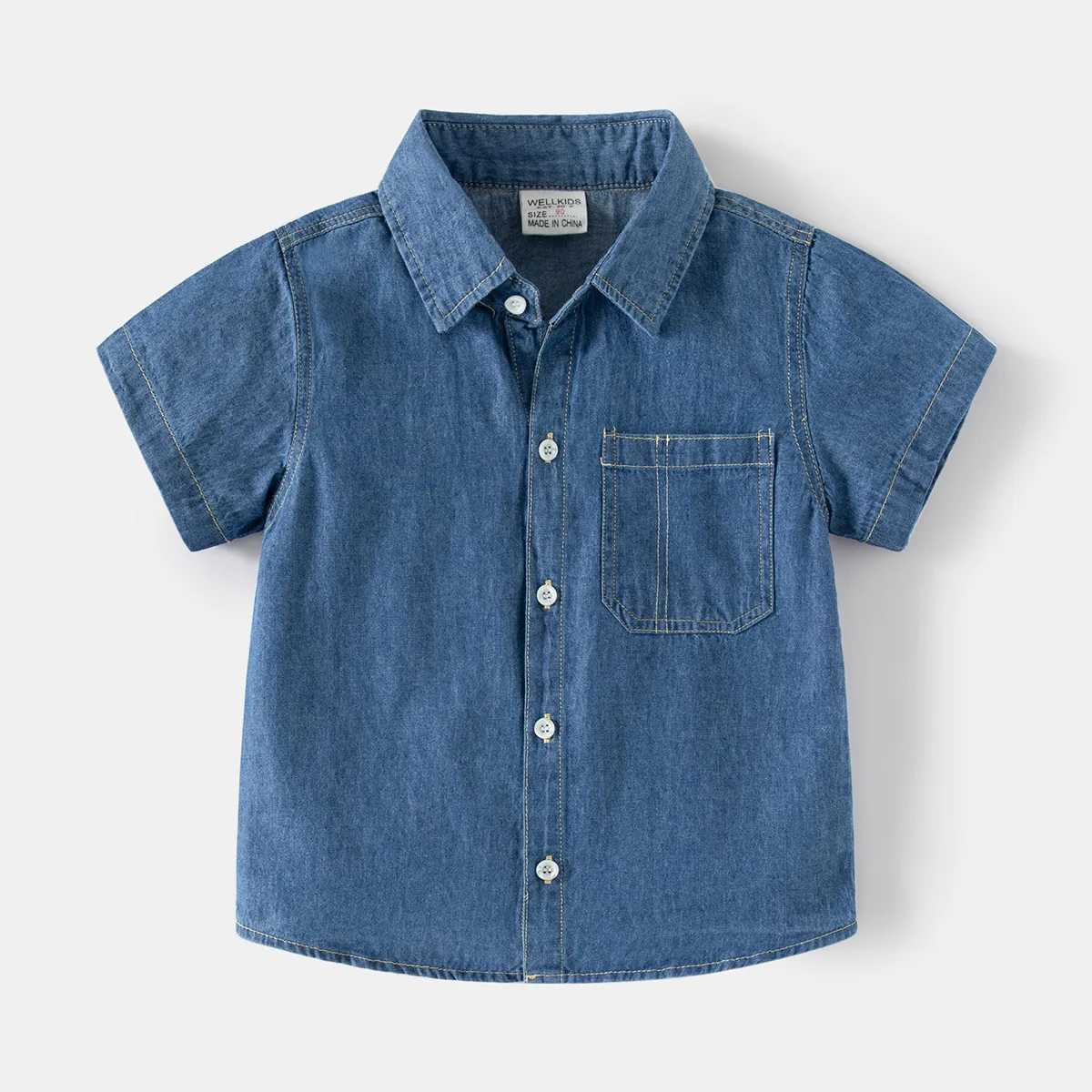 2024 summer new handsome solid color short sleeved denim shirt 3-8-year-old childrens casual cotton top 2 colorsW240729
