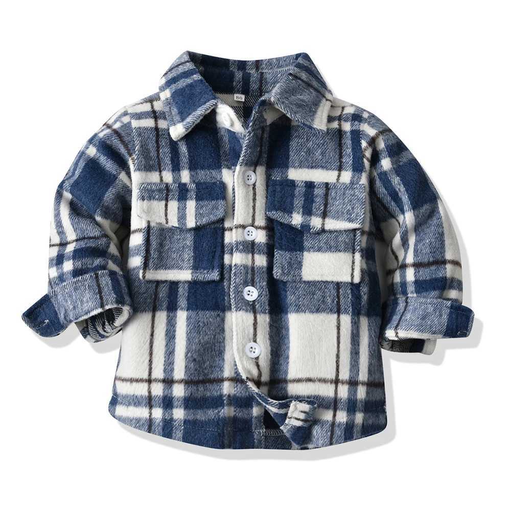 Autumn and winter fashion baby boy long sleeved pure cotton plain weave shirt casual collar classic childrens thick warm topW240729