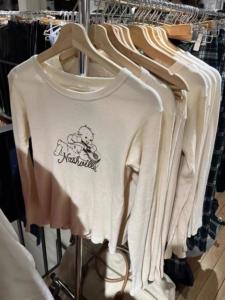 Letter Print Cotton Slim TShirts For Women Autumn Streetwear Waffle Long Sleeve Y2k Tops Casual Vintage Graphic T Shirt Female 240729