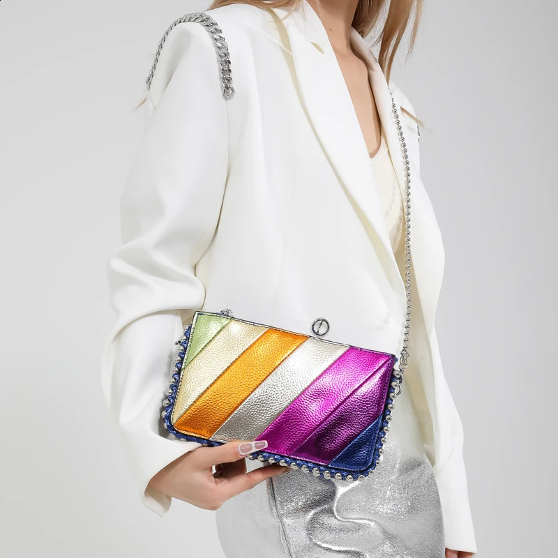 Small Rainbow Colorful Stripes Handbag Party Evening Clutch PU Leather Patchwork Square Flap Metal Chain Cross Body Shoulder Bag 240729 186c