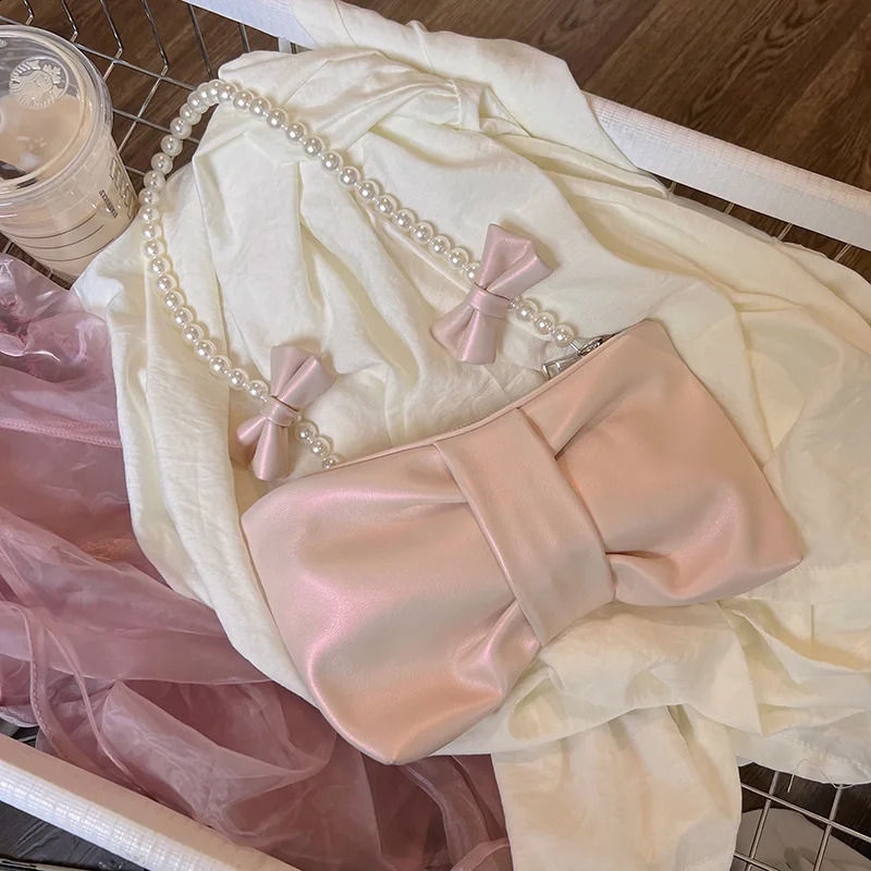 Pink Bowknot Womens Shoulder Bag Female Underarm Bags Sweet Girls Small Handbags Fashion Spring Summer Clutch Purse 241223