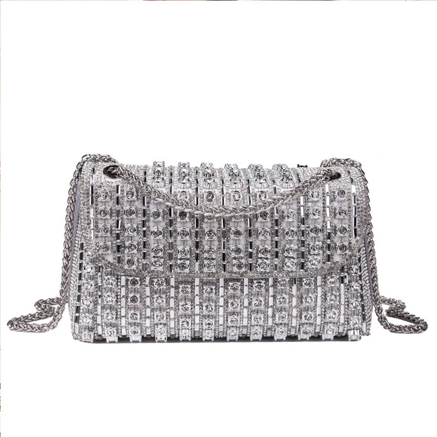 Bling Rhinestone Evening Clutch Purse Women Korean Diamond Chains Cover Dinner Party Handbag Ladies Small Square Shoulder Bag 250110