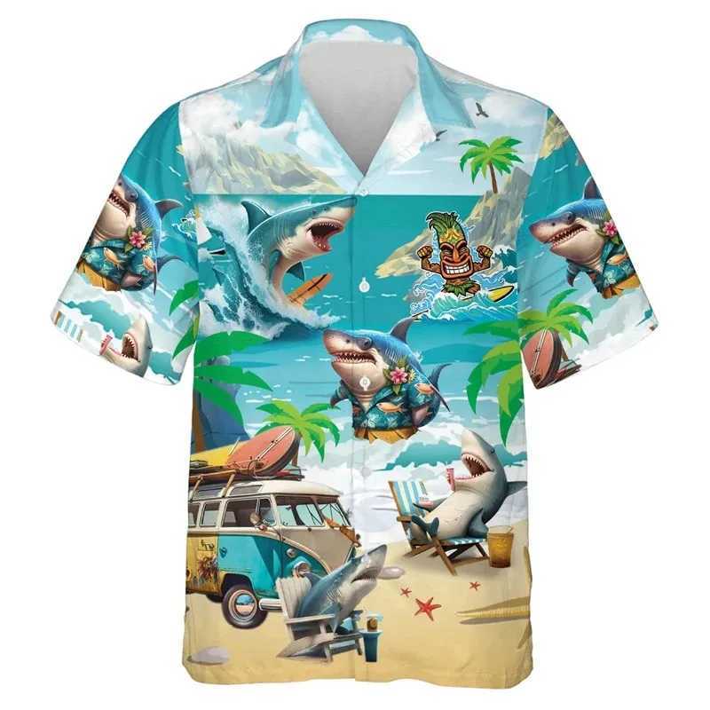 Shark Shirt for Childrens Clothing Funny Animal Graphic Beach Shirt Collar Shirt Vacation Short Sleeve TopW240729