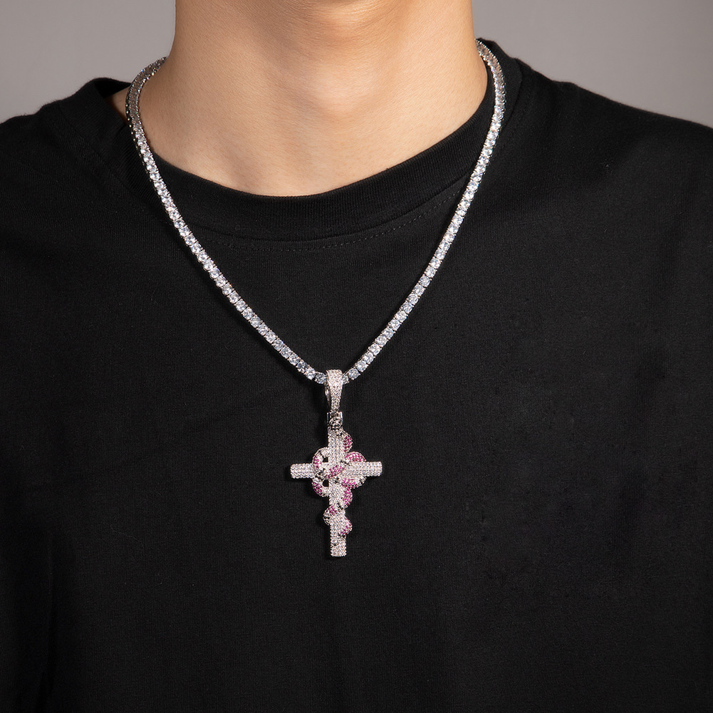 Hip Hop Colorful Snake Cross Pendant Necklace TopBling Full Cubic Zirconia Religious Jewelry