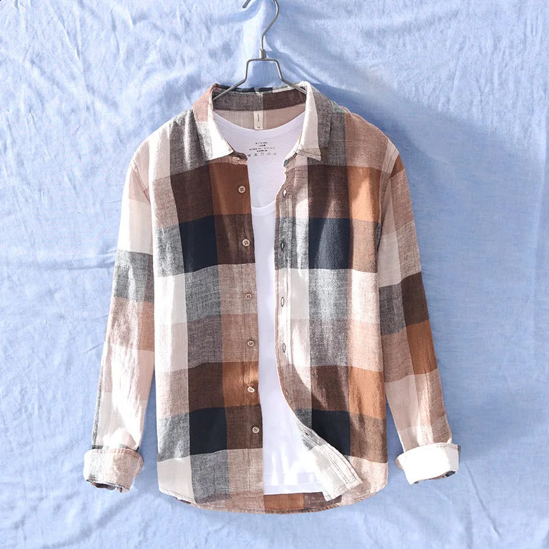 Men Clothing Simple Plaid Long-sleeved Cotton Linen Shirt Mens Casual Thin Literary Youth Breathable Loose Linen Shirt 240816