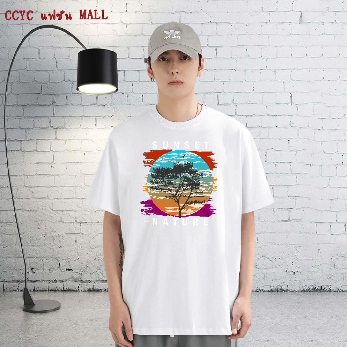 Loose Mens Tshirts 230g Cotton Street tree Cartoon Print Breathable Soft Fashion Mens T Shirts Top Tees