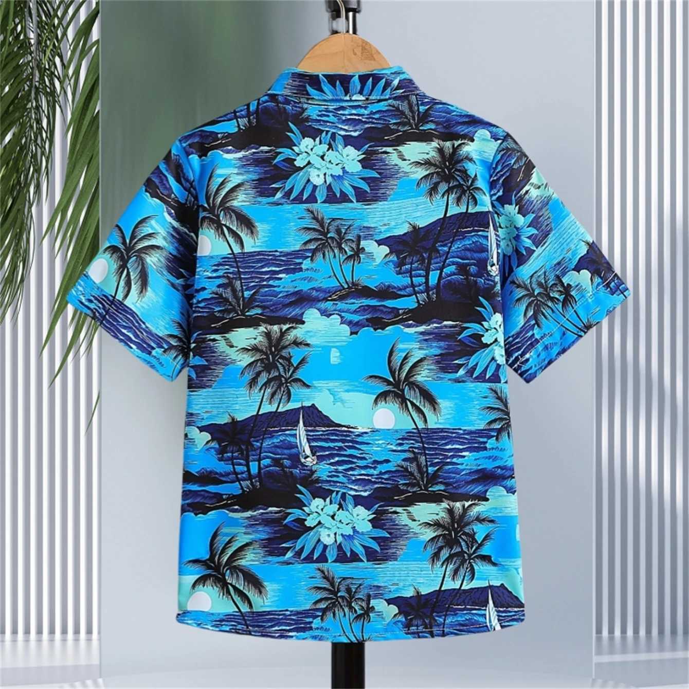 Boy coconut tree pattern shirt short sleeved jacket casual comfortable button loose breathable summer holiday shirt topW240729