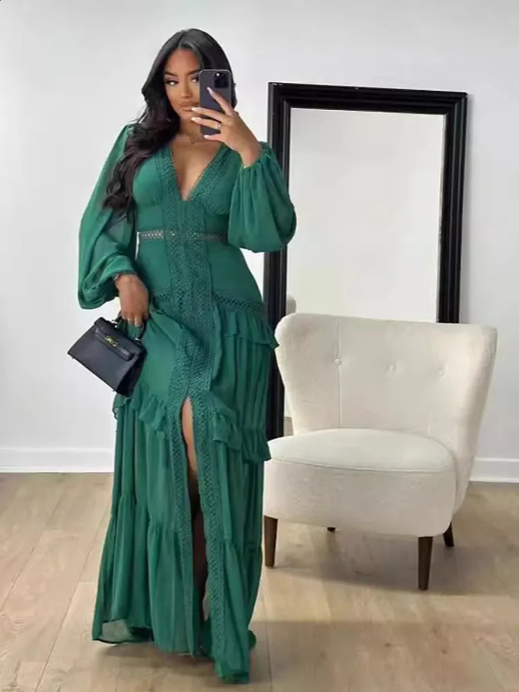 Women Layered Ruffle Hem High Split Maxi Dress Solid Fashion Deep V Neck Lantern Long Sleeve Slim Dresses Female Casual Robe 240729