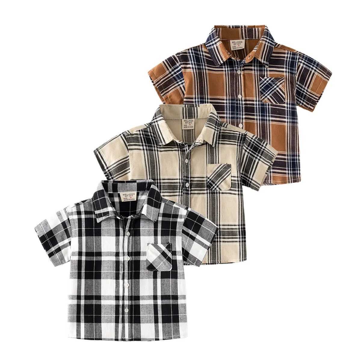 Summer boys short sleeved cute casual plain shirt childrens striped cool breathable cotton lapel top 3-8 years 3 colorsW240729