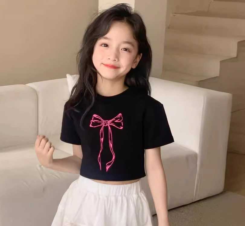 T-shirts T-shirt Spring Summer New Korean Girls Bow Knot Printing Short Sleeved Short Sweet Girl Tops Tide 2024 Round CollarL24729
