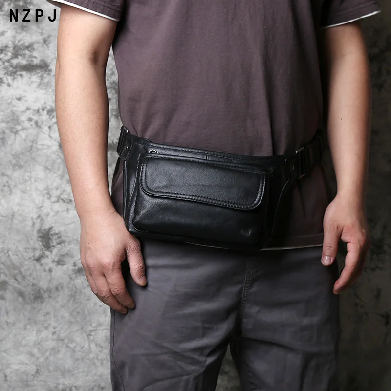 NZPJ Mens Genuine Leather Waist Bag First Layer Leather Casual Chest Bag Soft Leather One-shoulder Crossbody Bag Man Belt Pouch 240729