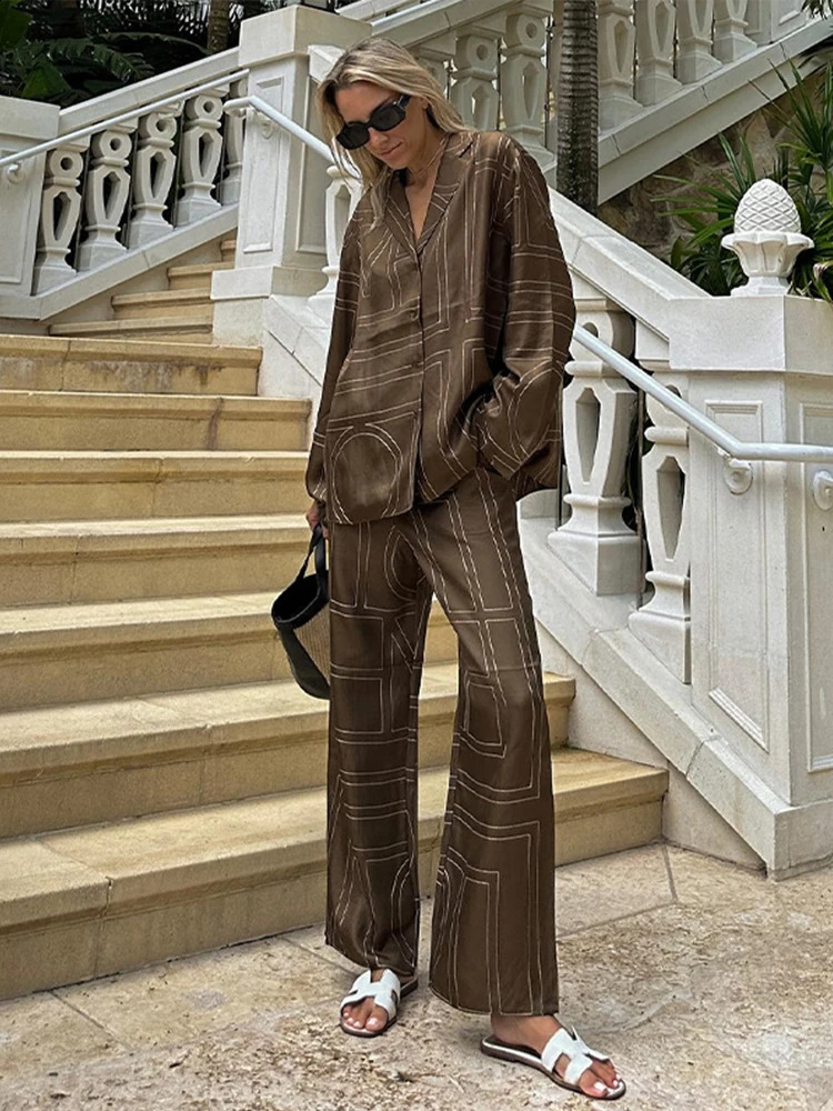 Loose Geometry Print Shirt Pants Set Women Casual Lapel Long Sleeve Single Breasted Tops Wide Leg Pockets Trousers Two Piece 240729