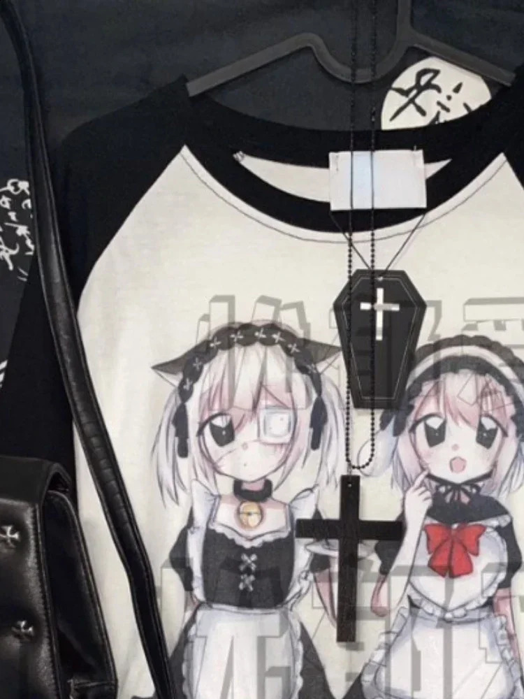 Fairy Grunge Tshirt Women Y2k Aesthetic Long Sleeve Kawaii Tee Shirts Gothic Letter Cartoon Print Loose Graphic Harajuku Tops 240729