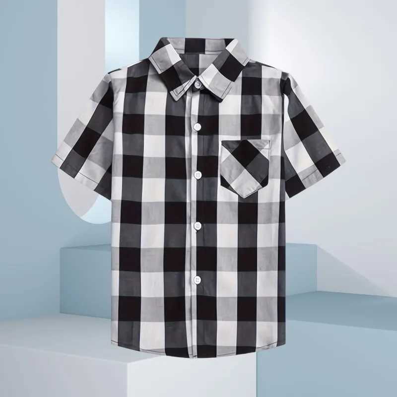 Childrens shirt boys and girls casual plain weave shirt retro outdoor short sleeved top collar shirt button design front pocket shirtW240729