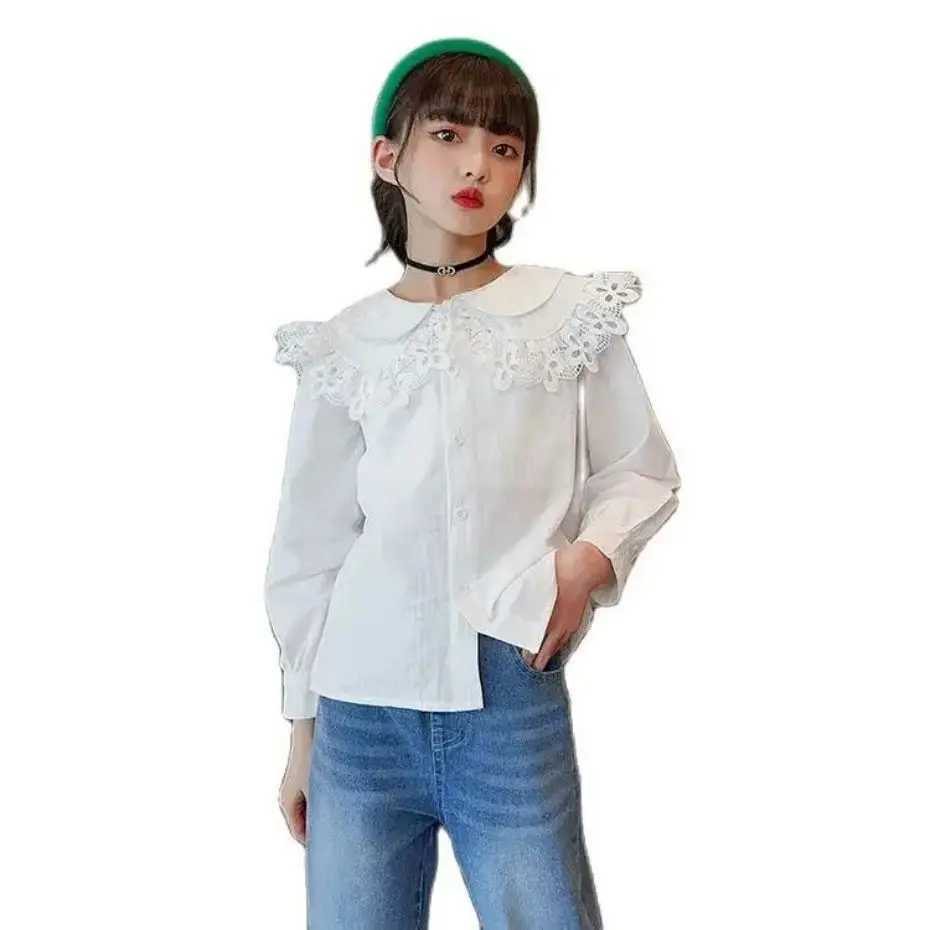 Girls white shirt solid color girls shirt spring autumn shirt childrens casual style school uniformW240729