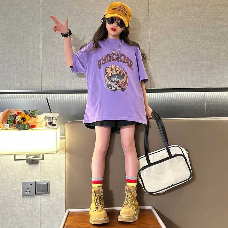 T-shirts New Summer Teens Girls T-shirts Cartoon Print Loose Cotton Tops tee Grey Purple Color Kids Clothes 8 10 12 yearsL24729