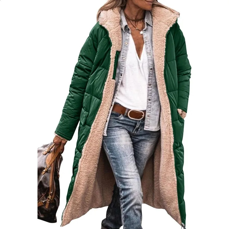 Womens Warm Winter Coats Reversible Sherpa Fleece Long Hooded Puffer Jackets Outerwear 240729