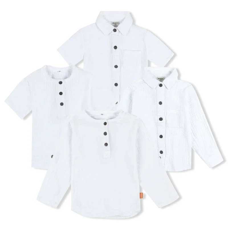 Linen cotton white shirt 2024 boys and girls summer T-shirt new childrens comfortable top T-shirt childrens clothing button up shirtW240729