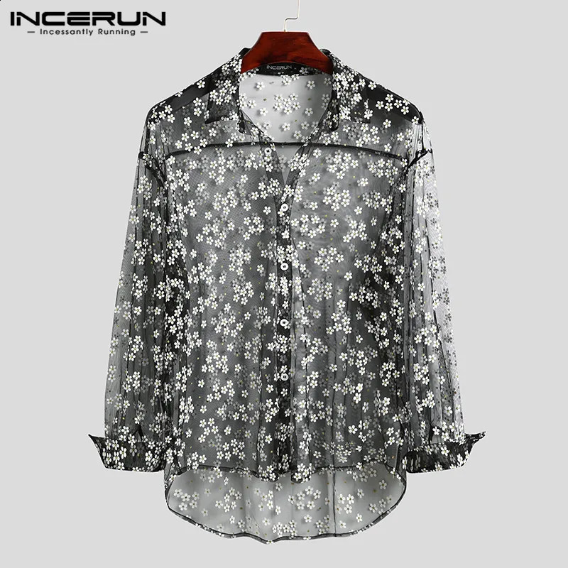 INCERUN Fashion Men Mesh Shirt Long Sleeve Transparent Printing Casual Loose Tops Streetwear Lapel Party Clubwear Tops Casmias 240729