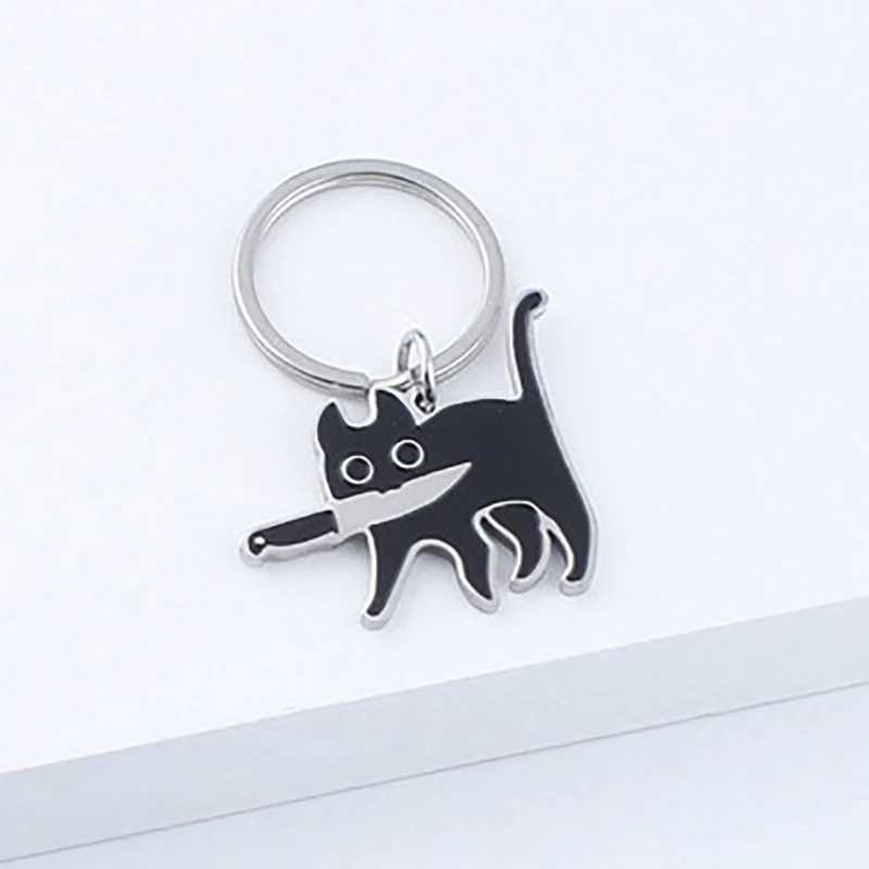 Cute Cartoon Knife Cat Keychain Stainless Steel Black Kitten Key Chains Keyring Bag Pendant Hanging Jewelry GiftL240729