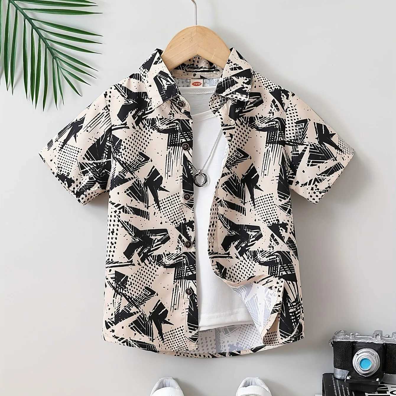 Boy Cute Cartoon Animal Pattern Button Collar Shirt Childrens Short Sleeve Casual Summer Top Daily Clothing VacationW240729