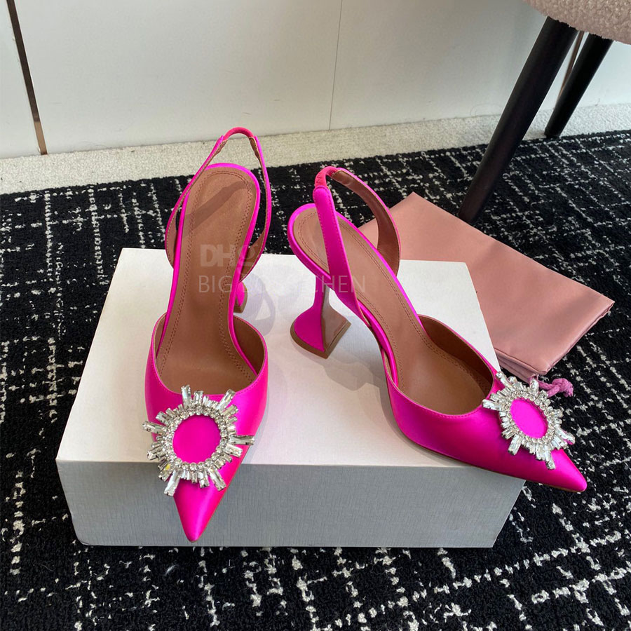 Talons talons de qualité supérieure sandales Satin Slingbacks Bowtie Pumps Crystal-Sunflower High Heed Hoed 10 cm Chaussures de robes de concepte