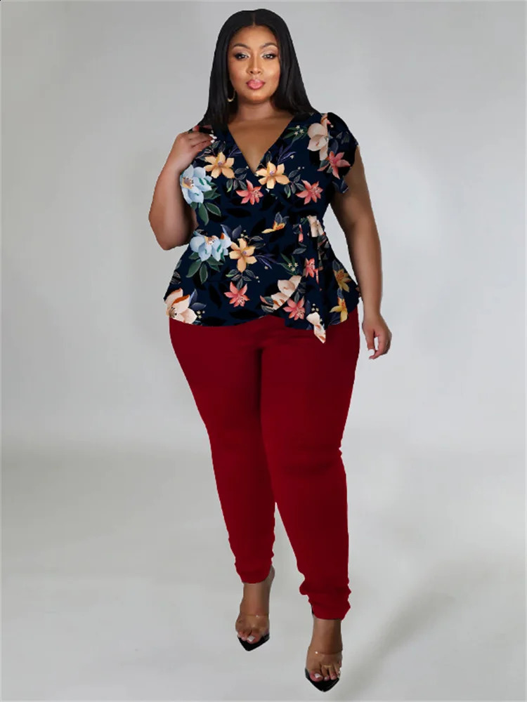 Wmstar Plus size twopiece set womens summer printed top solid leg matching wholesale direct 240722