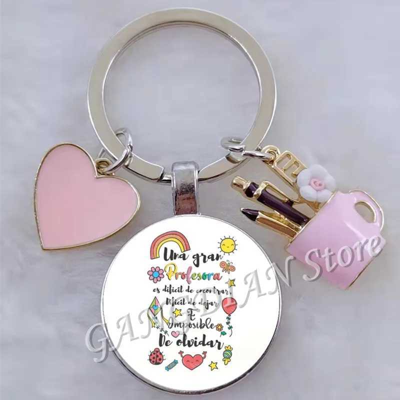 Gift for teachers with Spanish printed handmade glass convex circular keychain DIY keychainL240729