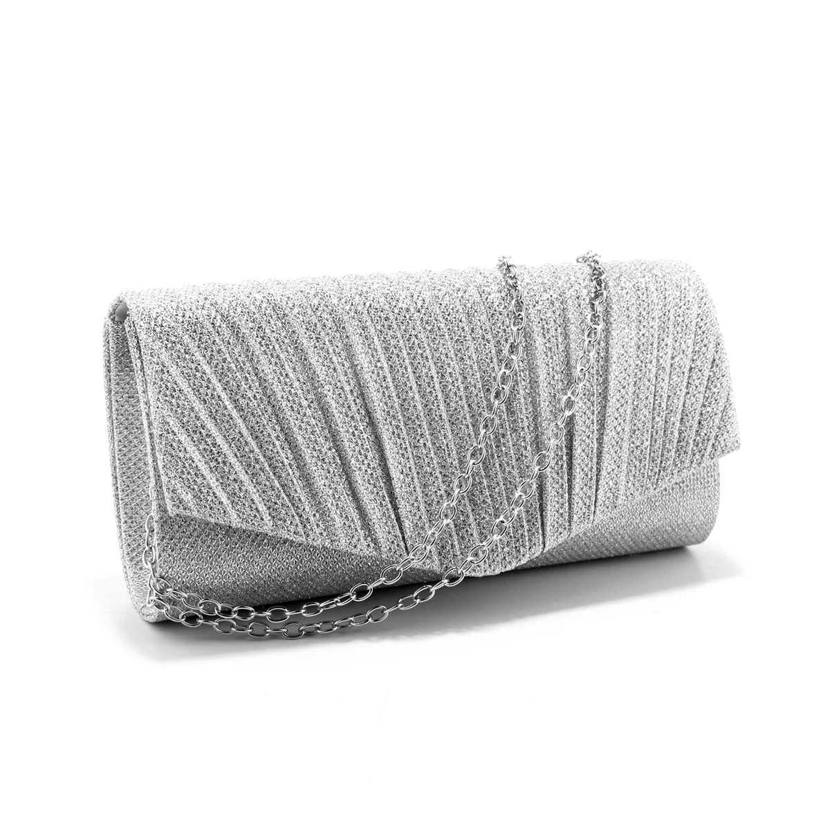 Ruched Design Glitter Women Evening Bags Golden Causal Ladies Clutch Envelope Shaped Handbags Chain Shoulder New Arrival Purse BXJ240729