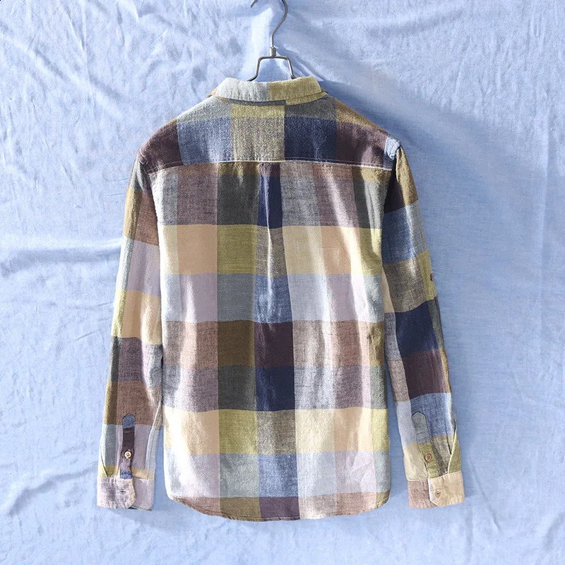 Men Clothing Simple Plaid Long-sleeved Cotton Linen Shirt Mens Casual Thin Literary Youth Breathable Loose Linen Shirt 240816