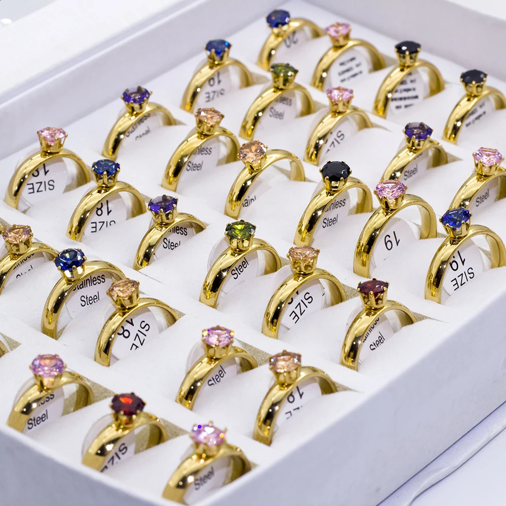36 piecesbatch of fashionable colored crystal stainless steel rings suitable for mixed color wedding engagement jewelry women with box 240723