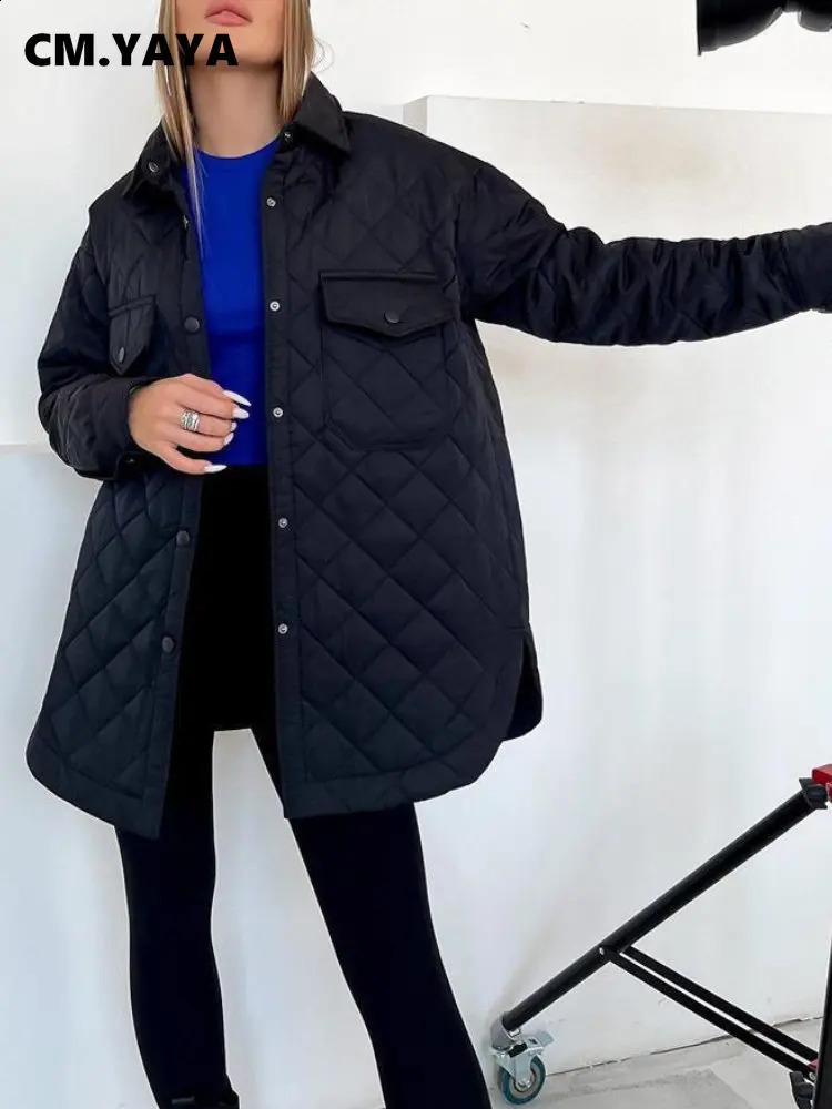 CM.YAYA Vintage Women Argyle Long Sleeve Single Breasted Lapel Collar Slim Parkas Jacket Autumn Winter Warm Trench Outwear 240729