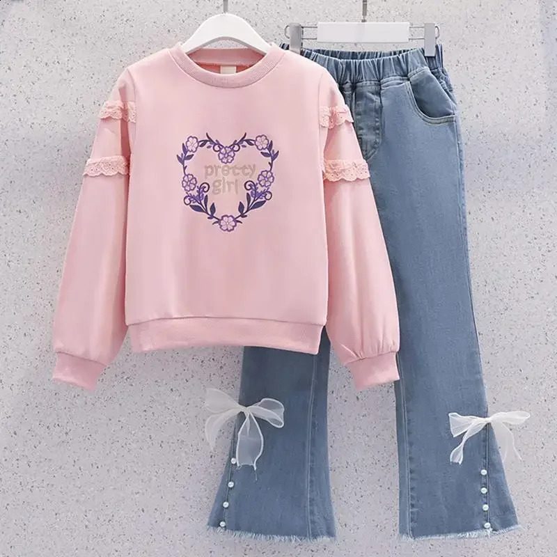 Childrens Sets Clothing Girls Sweater Autumn Round Neck Long Sleeved Girl Two Piece Set Round Collar Soild Sweet 240729