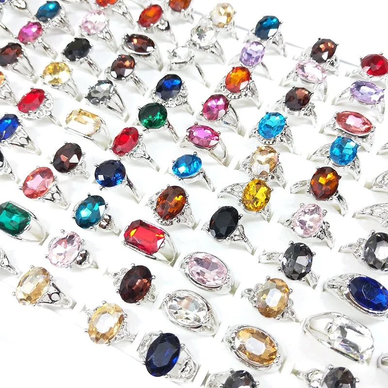 2050100 pieces of vintage silver plated rings suitable for wholesale mens gold fashionable fingers jewelry and glass stone 240723