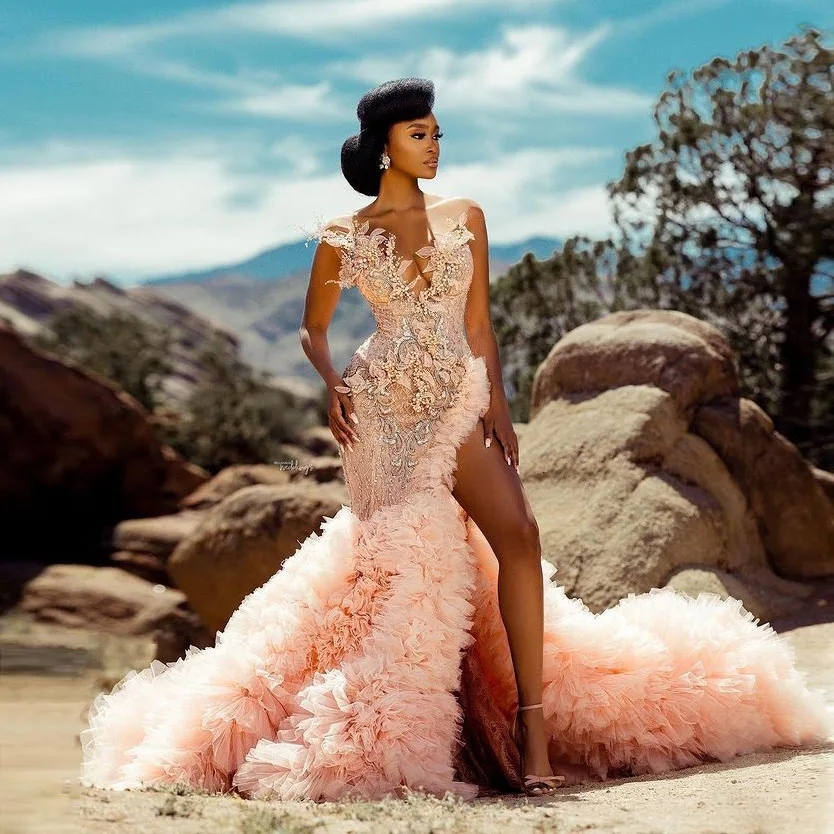 2025 Beading Mermaid Prom Dresses Women Sheer Neck 3D Appliques Pink Ruffles Tiered Train Queen Gown Evening Formal Dress Robe De Soiree Customed