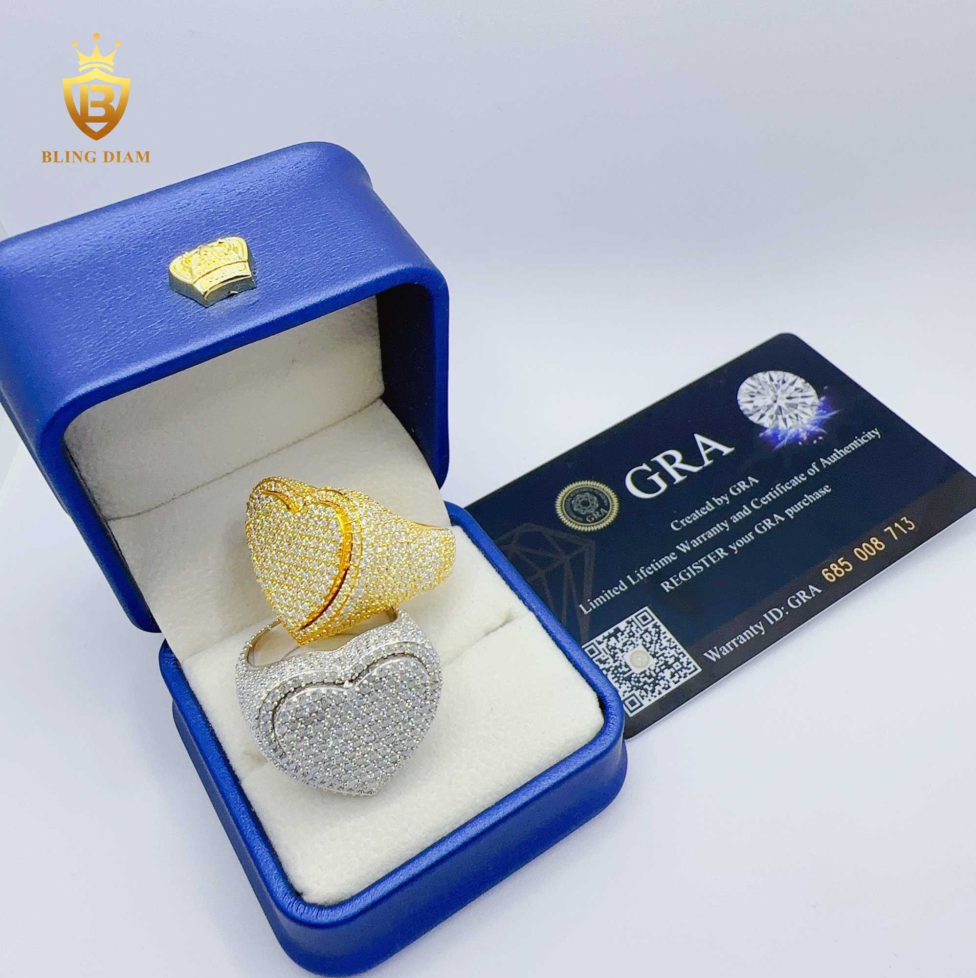 Fashion Custom hip hop Jewelry moissanite double heart design ring sterg sliver Two stones Ring pass tester