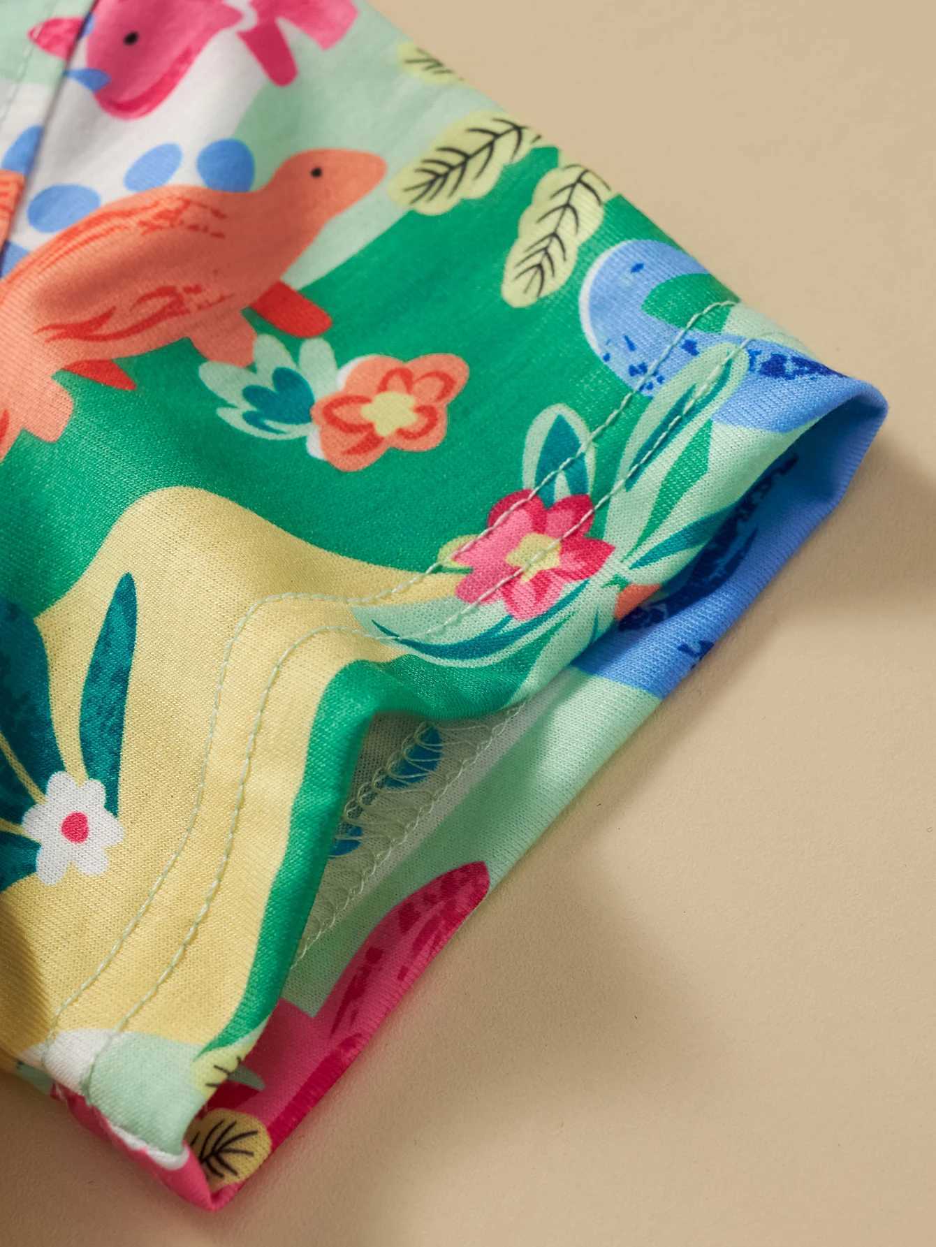 Boys casual color contrast short sleeved cartoon dinosaur full body print summer fashionW240729