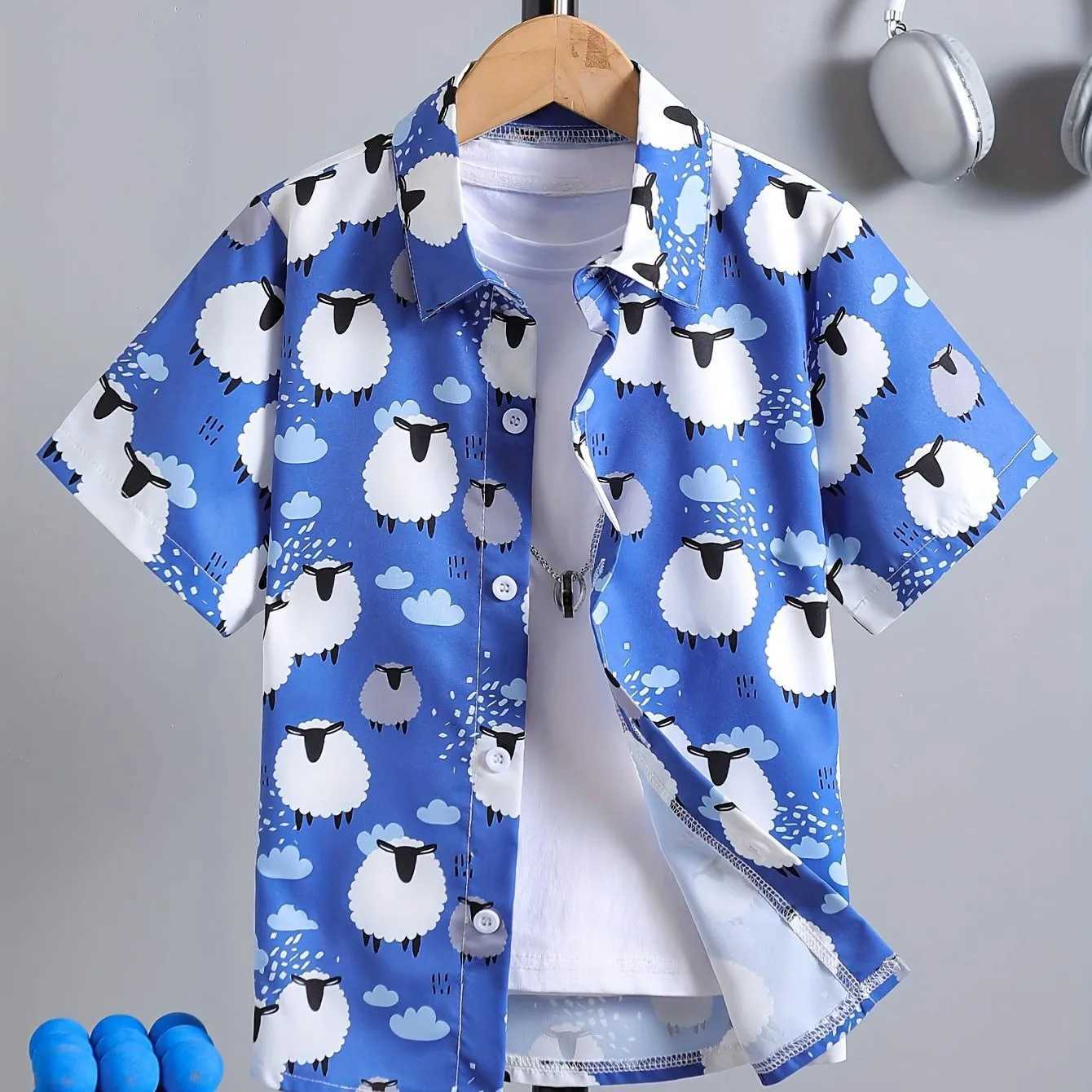 Boys and girls cartoon fashion printed pattern cute short sleeved casual shirt childrens clothing button loose holiday shirt topW240729