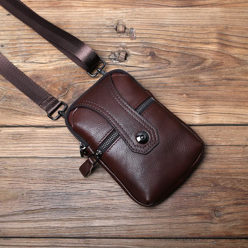 NZPJ Leather Mens Waist Bag Top Layer Cowhide Casual Mobile Phone Bag Wear Belt Vertical Shoulder Messenger Mobile Phone Bag 240729