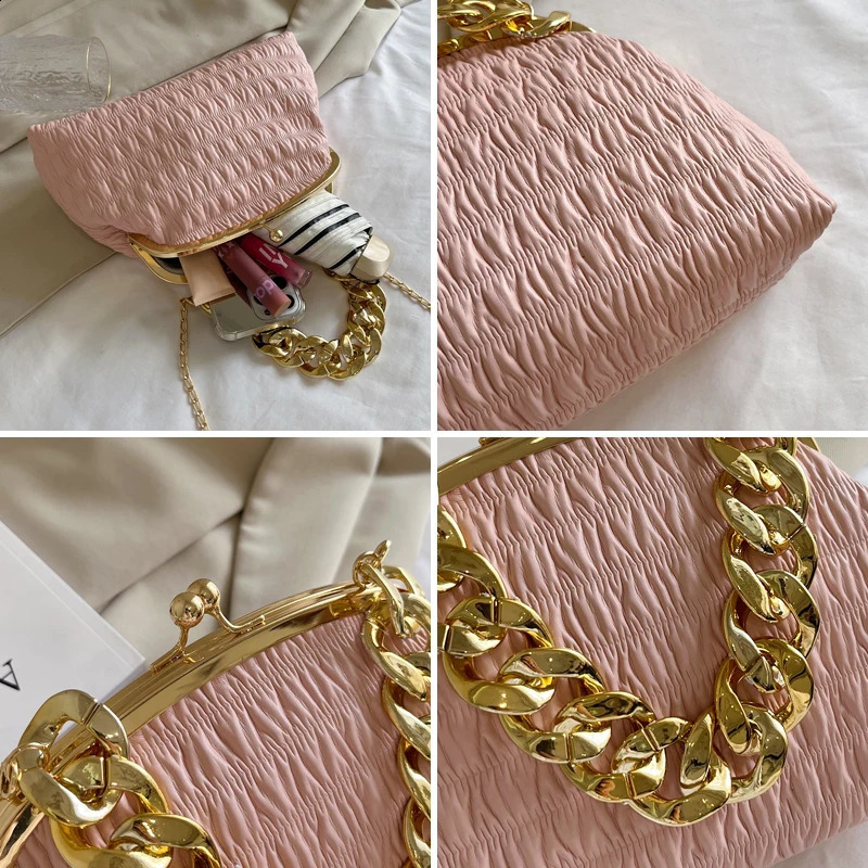 Shoulder messenger Bag Gold chunky necklace womens bag Pleated Gold metal frame clip bags for women small fashion lady handbag 240729