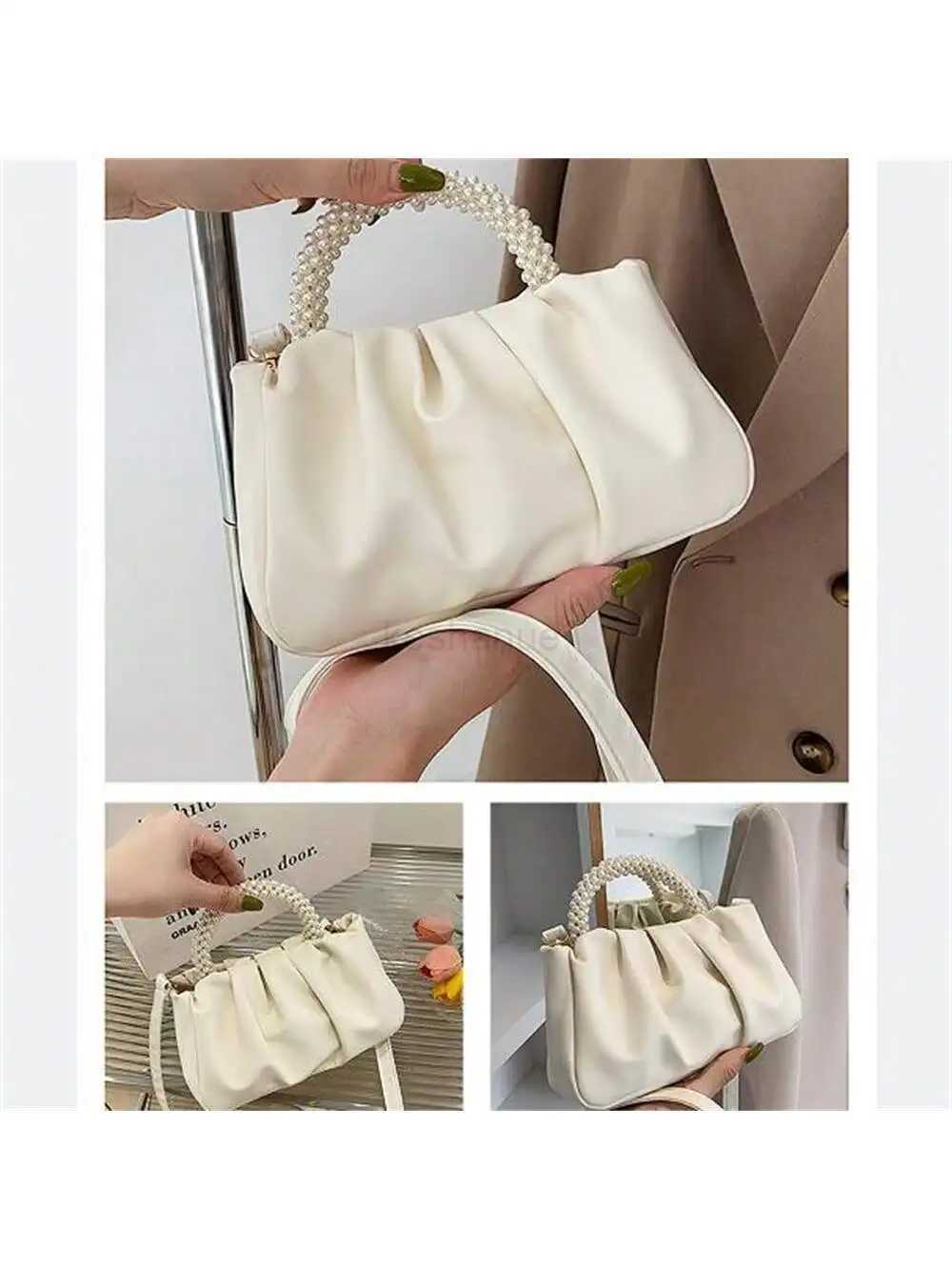Fashion clutch bag Pearl Decoration Womens Bag Shoulder Small Square Bag Trend Pleated Handbag Casual Solid Color Crossbody BagXJ240729