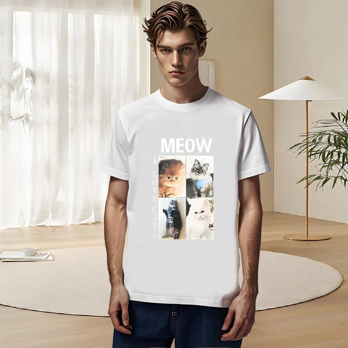 Wholesale Men Tees 100% Cotton 230g Casual Beach cat Cartoon Print Crew Neck Designer T shirt Polos