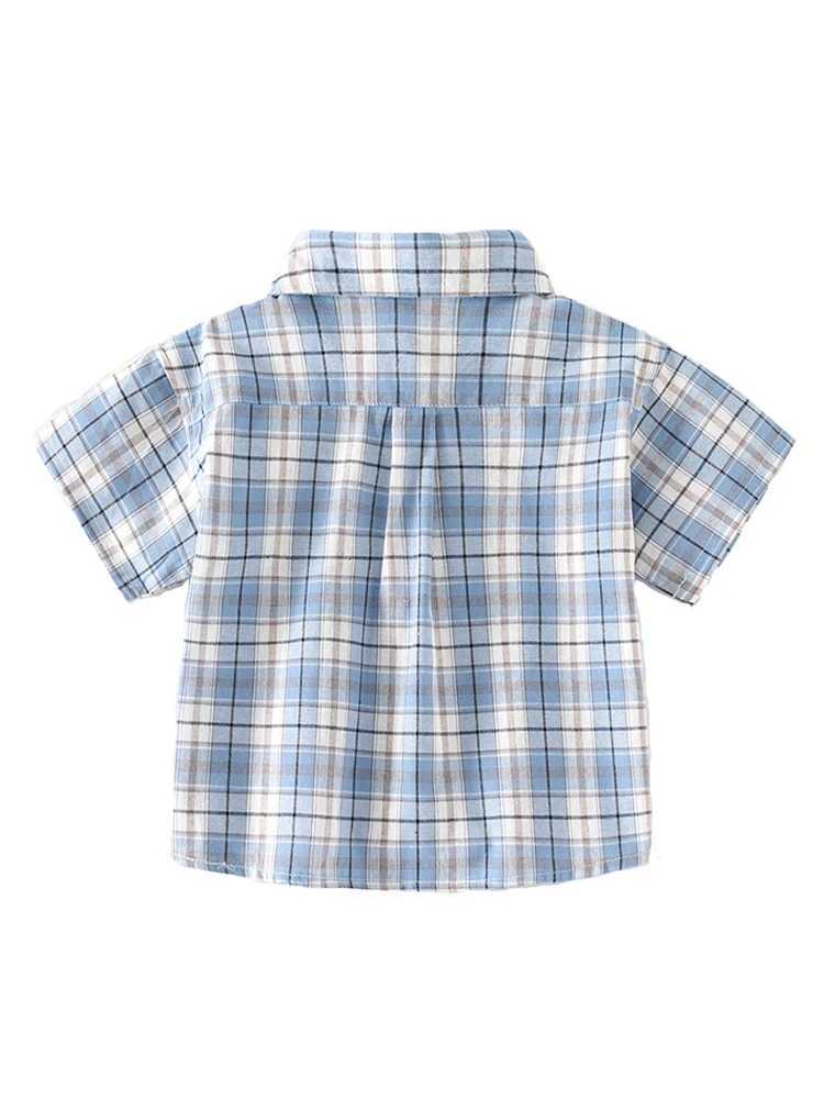 LJMOFA childrens classic plain weave shirt childrens short sleeved lapel striped casual polo shirt summer cotton youth top D454W240729