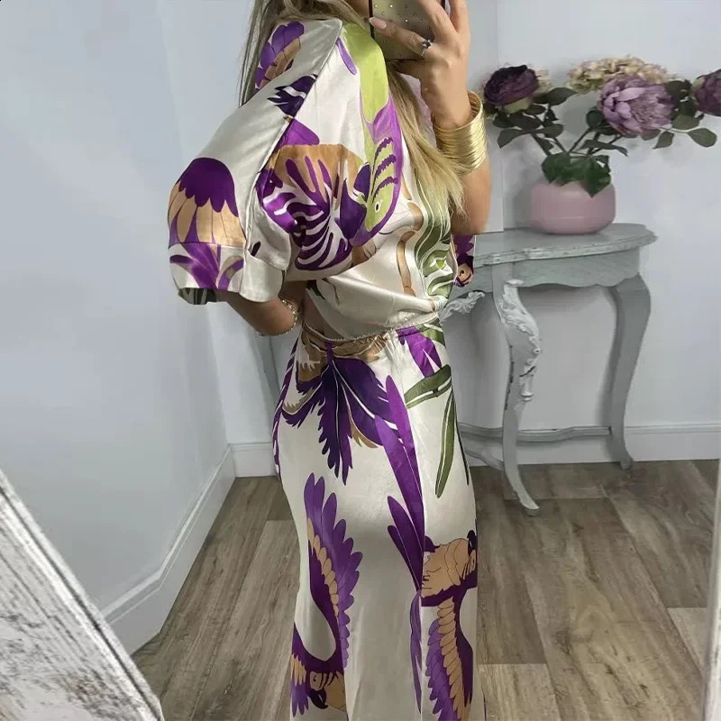 Women Elegant Print Stain Skirt Sets Fashion Loose V Neck Half Sleeve Shirt Two Pieces Suits Summer Chic Office Lady Outfit 240729