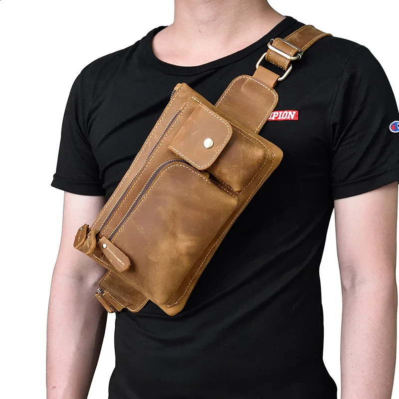 MAHEU Crazy Horse Men Waist Bag Real Leather Chest Bag Outdoor Casual Full Grain Leather Porable Gym Bags Messenger Bag Brown 240729
