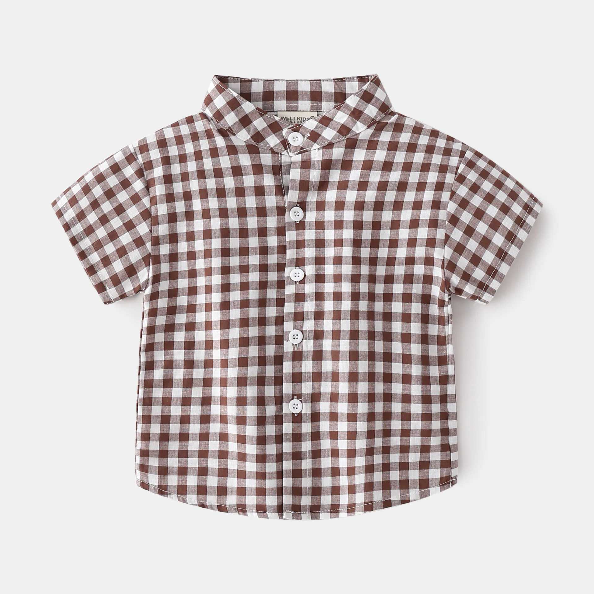 Plaid Fashion Boys Shirt Stand up Collar Childrens Summer Clothing Childrens Top Childrens ClothingW240729
