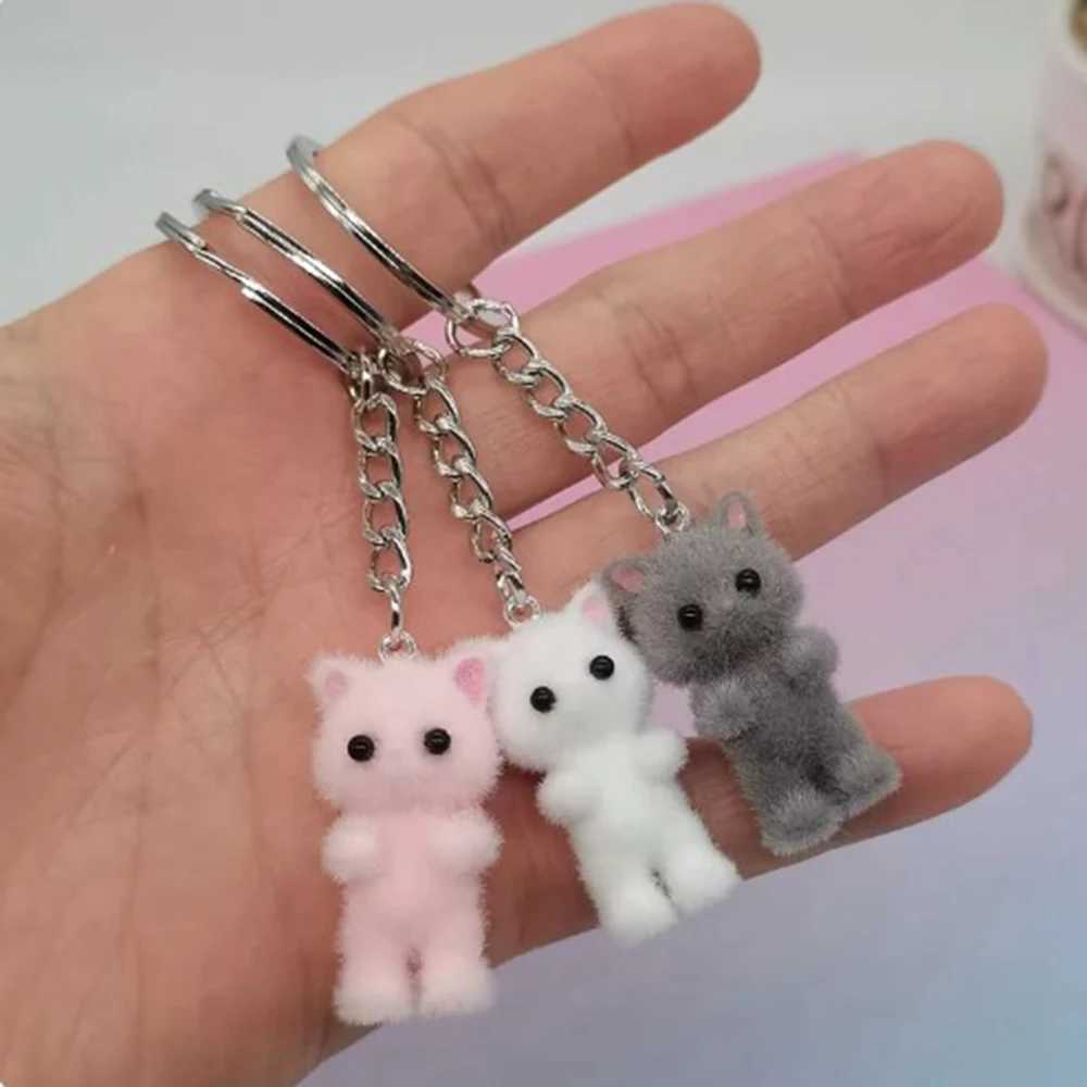 3D Cartoon Cute Cat Keychain Resin Flocking Kawaii Animal Car Key Bag Pendant Key Ring Souvenir Jewelry Gifts For Women MenL240729