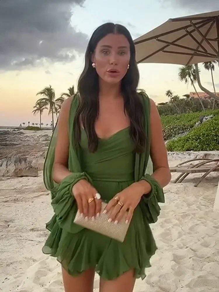 Sexy Green Pleated Mini Dress for Women Elegant V-neck Split Long Sleeve A-line Dresses Summer Lady Solid Backless Lace Up Robes 240729