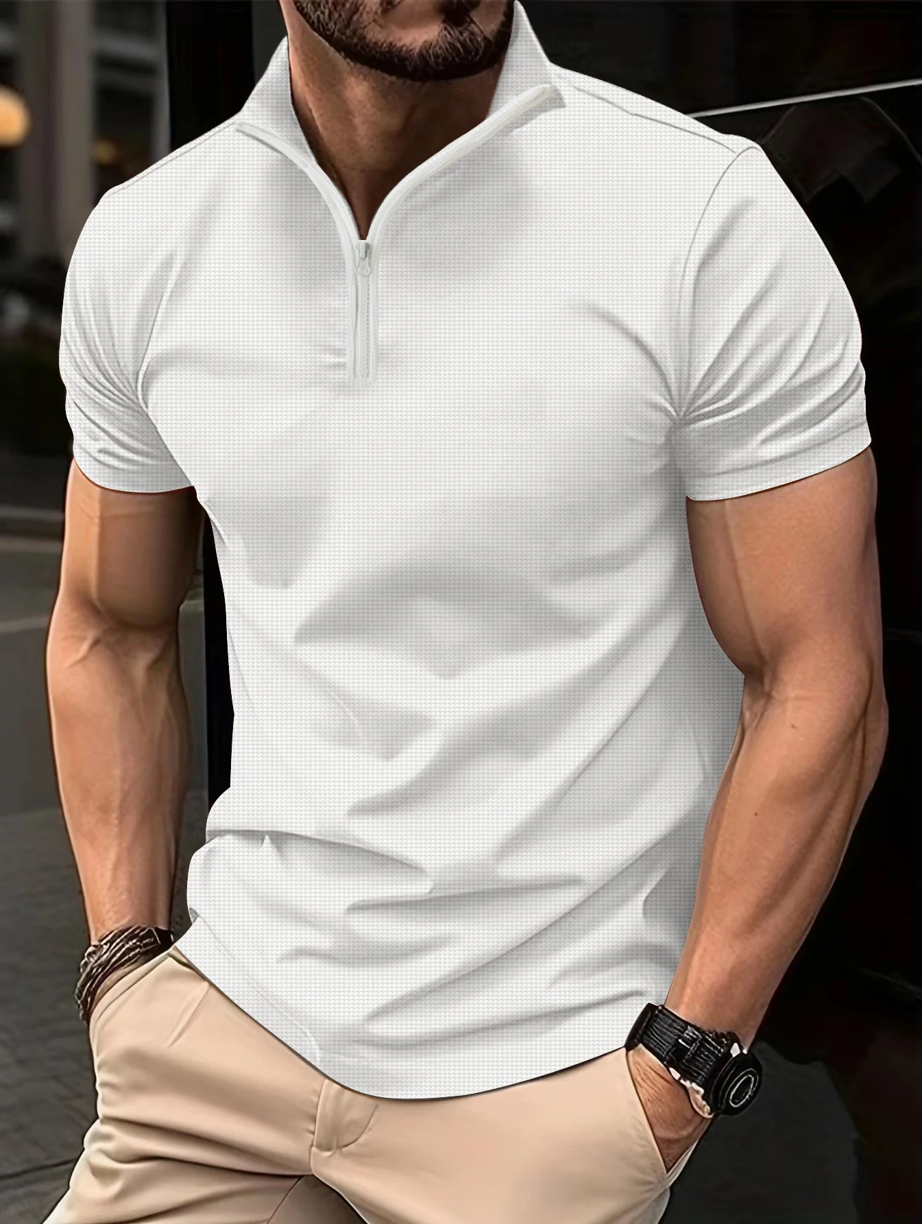 2024 Summer Mens Henry Shirt Zipper Standing Collar Solid Color Mens Short-Sleeved Casual Slim Breathable Mens Shirt 240821