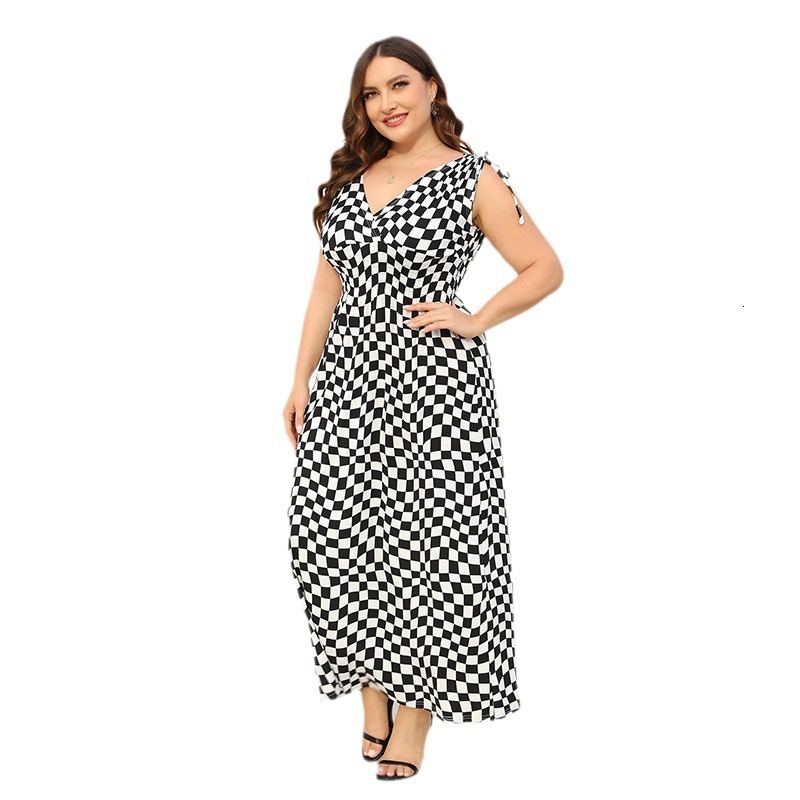 Hot selling new high-end black and white checkered V-neck dress, slimming women's temperament, large swing long skirt F729#46
